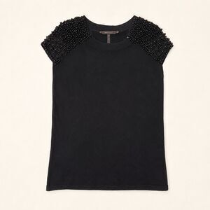 BCBGMAXAZRIA Black 100% Merino Wool Beaded Cap Sleeve Sweater Top M Glam Knit